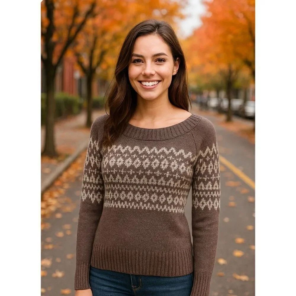 Royal Robbins Women’s Medium Fair Isle Knit Sweater Light Brown Yak Wool Blend